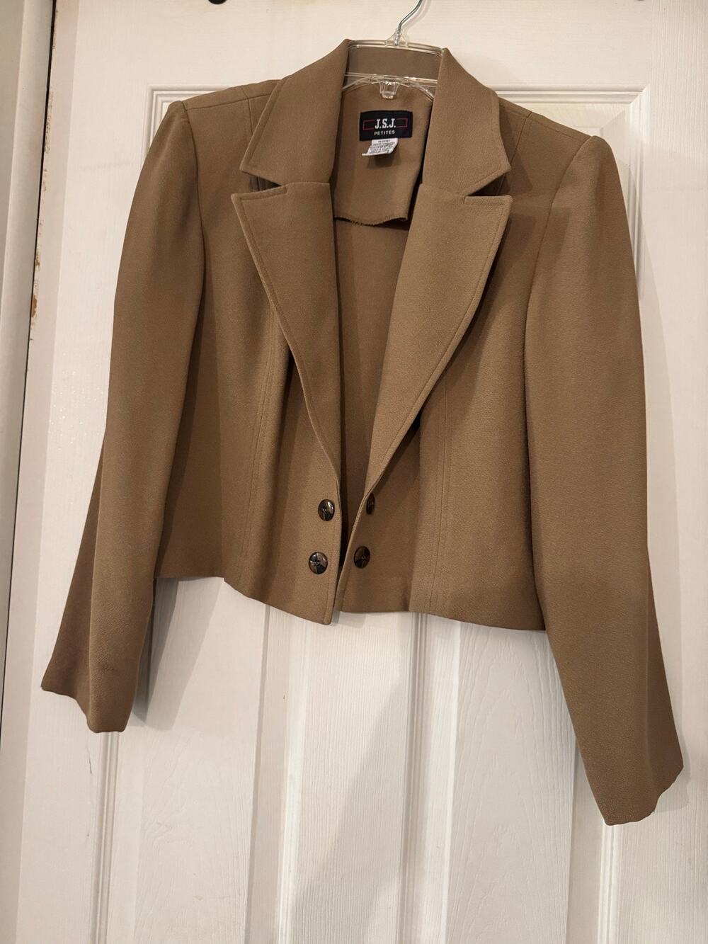 Vintage JSJ Petites Camel Tan Cropped Blazer Wide Lapel Jacket Size 14P